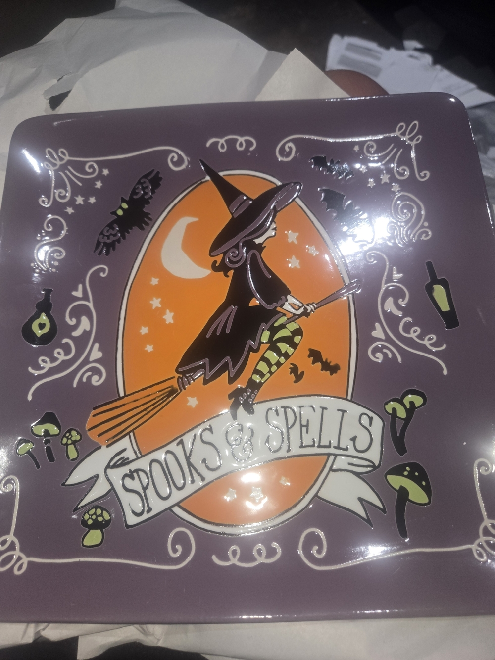 Eli & Ana Halloween Spooks & Spells Witch Square Plate 11" Purple Orange